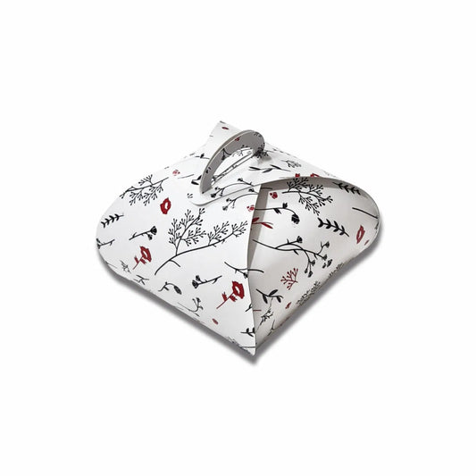 Floral printed wrap style gift box with handle, measuring 8 × 8 × 4 cm.