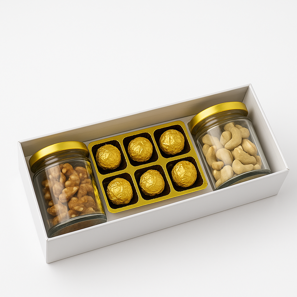 Premium gift box with gold-wrapped chocolates and dry fruit jars for festive and corporate gifting.