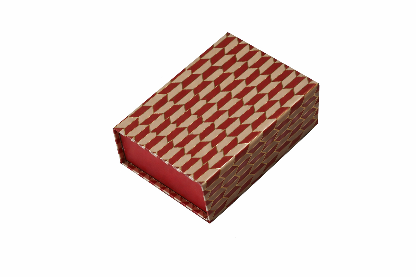 Gold foil magnetic rigid hamper box 9x7x2 inch with red and gold geometric pattern