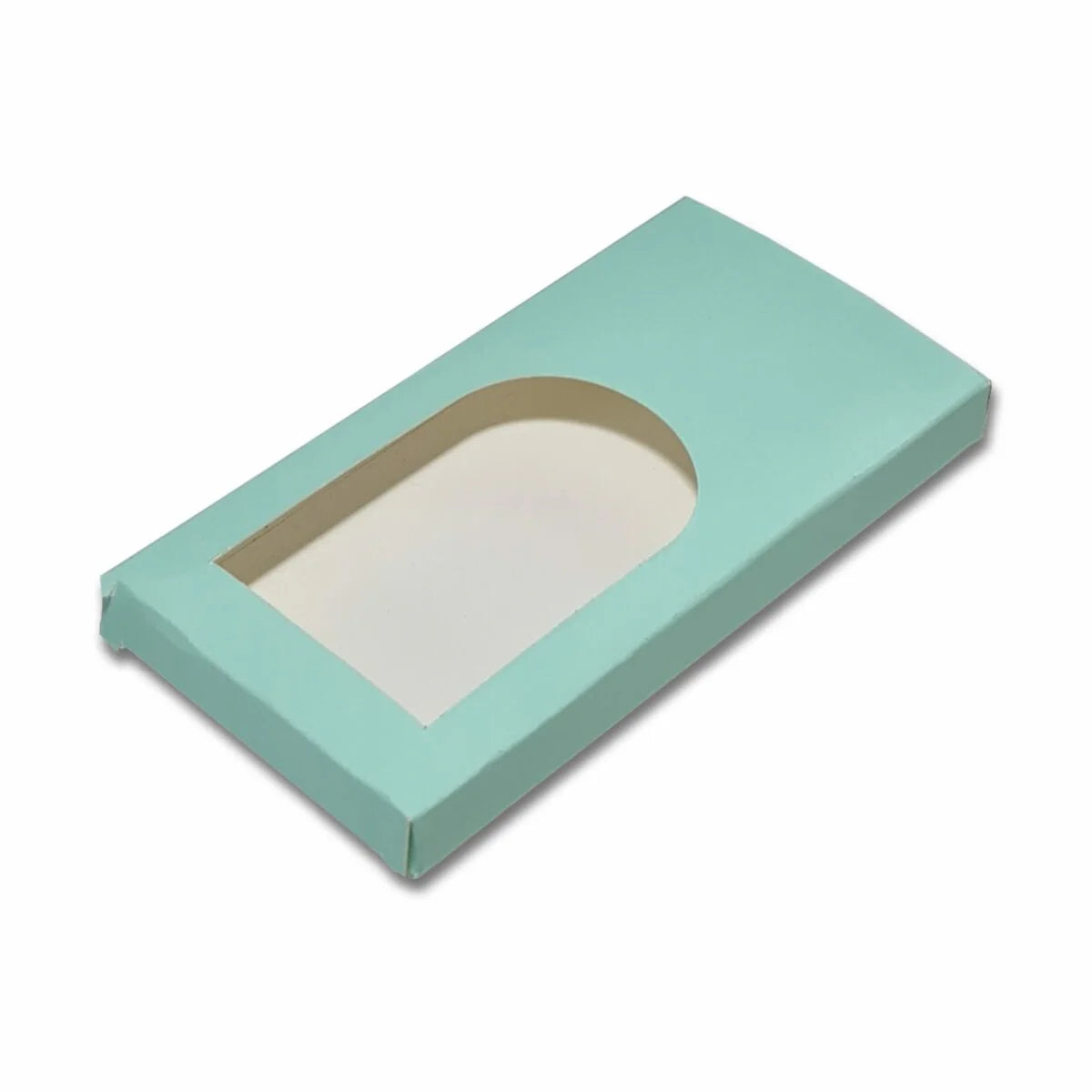 Pastel green chocolate bar packaging box measuring 14 x 7.5 x 1.3 cm.