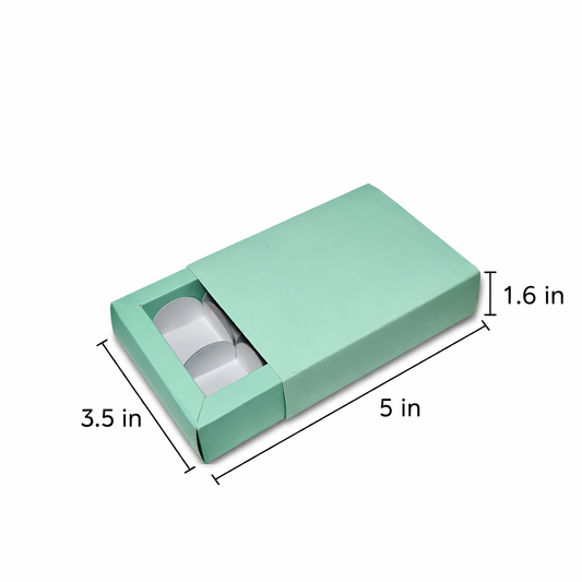 Pastel green chocolate box packaging with insert tray, 5 x 3.5 x 1.6 inch dimensions.