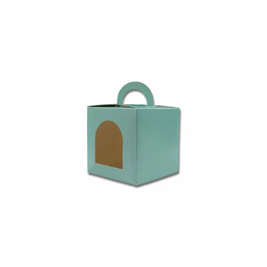 Pastel green cupcake box with one cavity, measuring 3.5 × 3.5 × 3.5 inches, made from 300 GSM food-grade board.