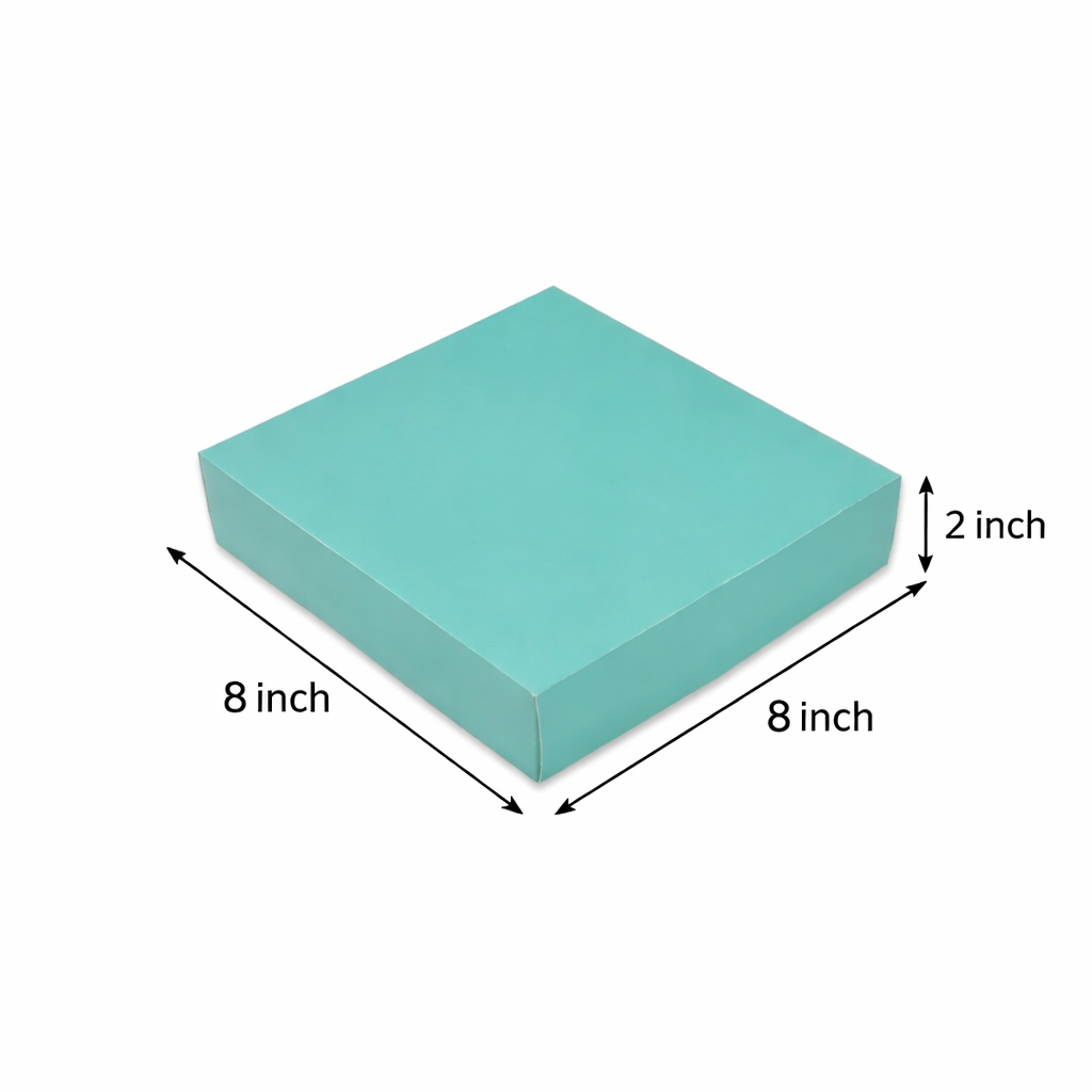 Pastel green gift packaging box with 8 x 8 x 2 inch dimensions