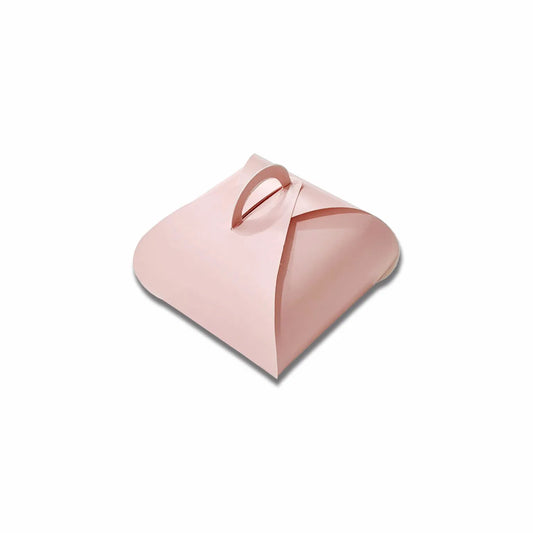 Peach wrap style favour gift box with decorative handle, measuring 8 × 8 × 4 cm