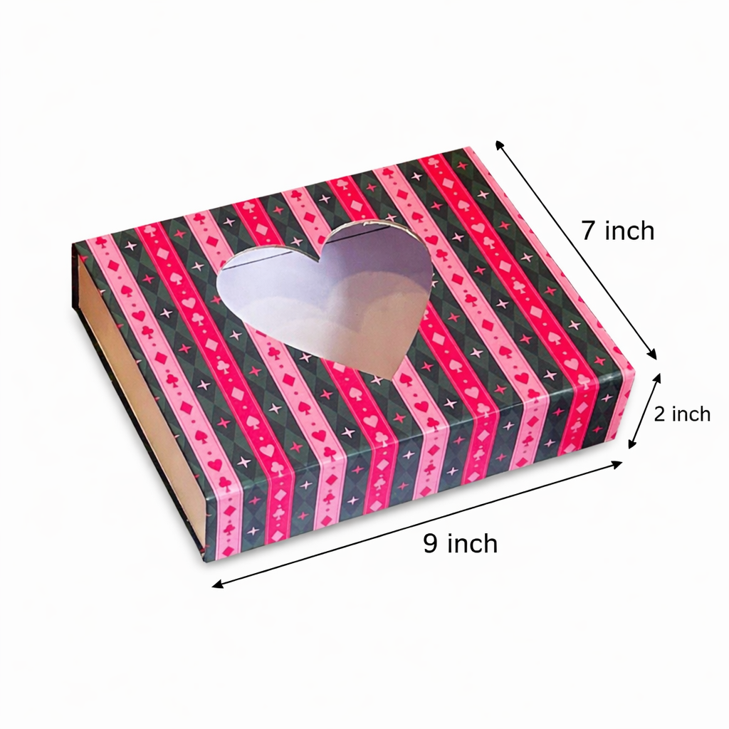 Pink and black striped window magnetic rigid hamper box 9x7x2 inch with heart-shaped window for gift packaging