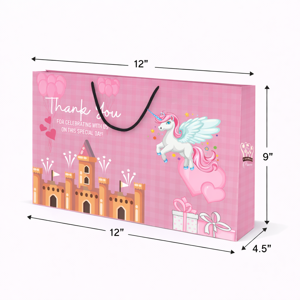 Pink unicorn kids birthday return gift paper bag measuring 12 x 4.5 x 9 inches with custom printed design.