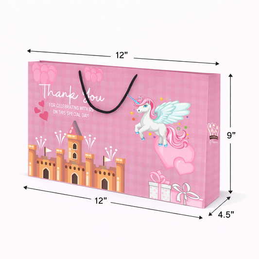 Pink unicorn kids birthday return gift paper bag measuring 12 x 4.5 x 9 inches with custom printed design.