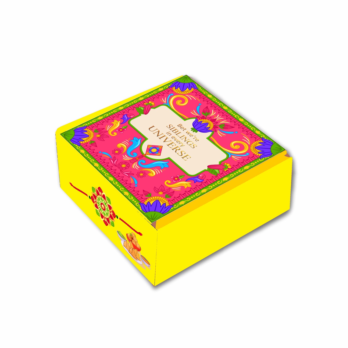 A colorful corrugated cardboard gift box with floral and geometric patterns and a 'Happy Raksha Bandhan' greeting card attached on top.