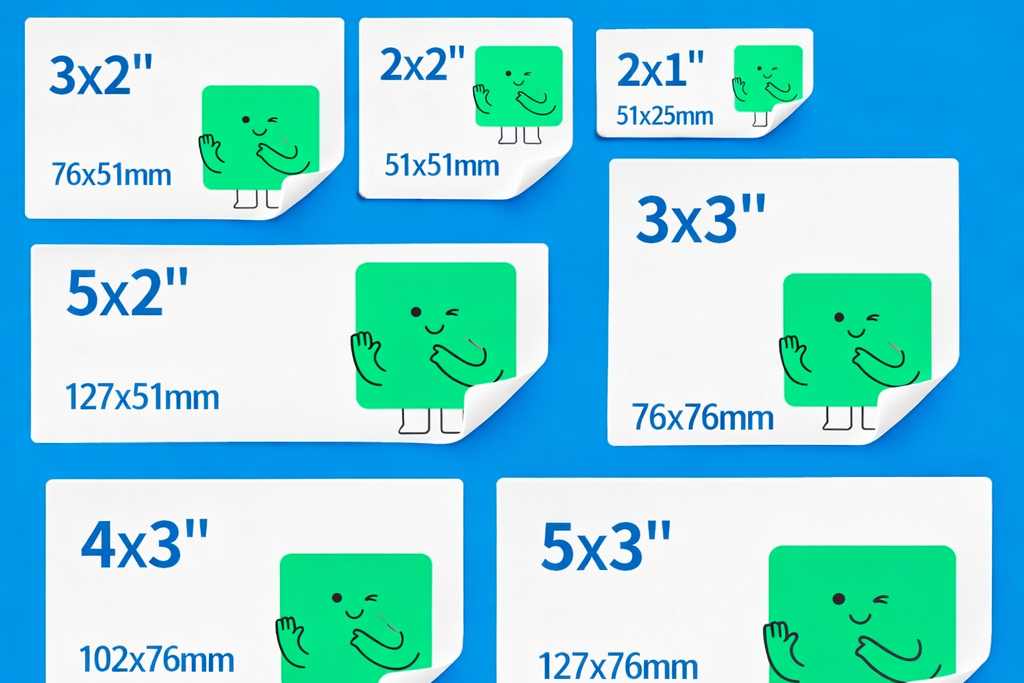 Rectangle sticker size guide showing 2x1, 2x2, 3x2, 3x3, 4x3 and 5x2 inch sticker sizes