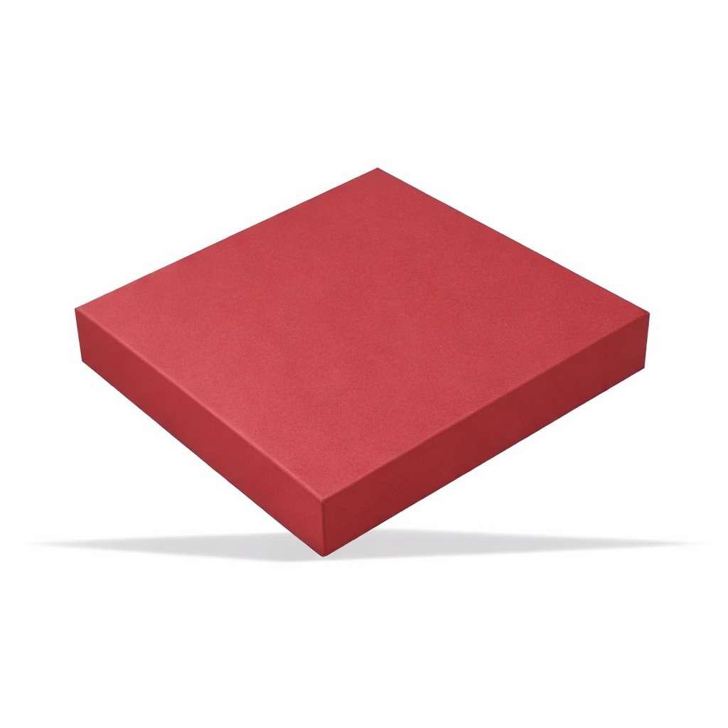 Luxury red rigid packaging box (8.5×8.5×1.3 inch) with top bottom closure for gift boxes, fashion products and custom branding.