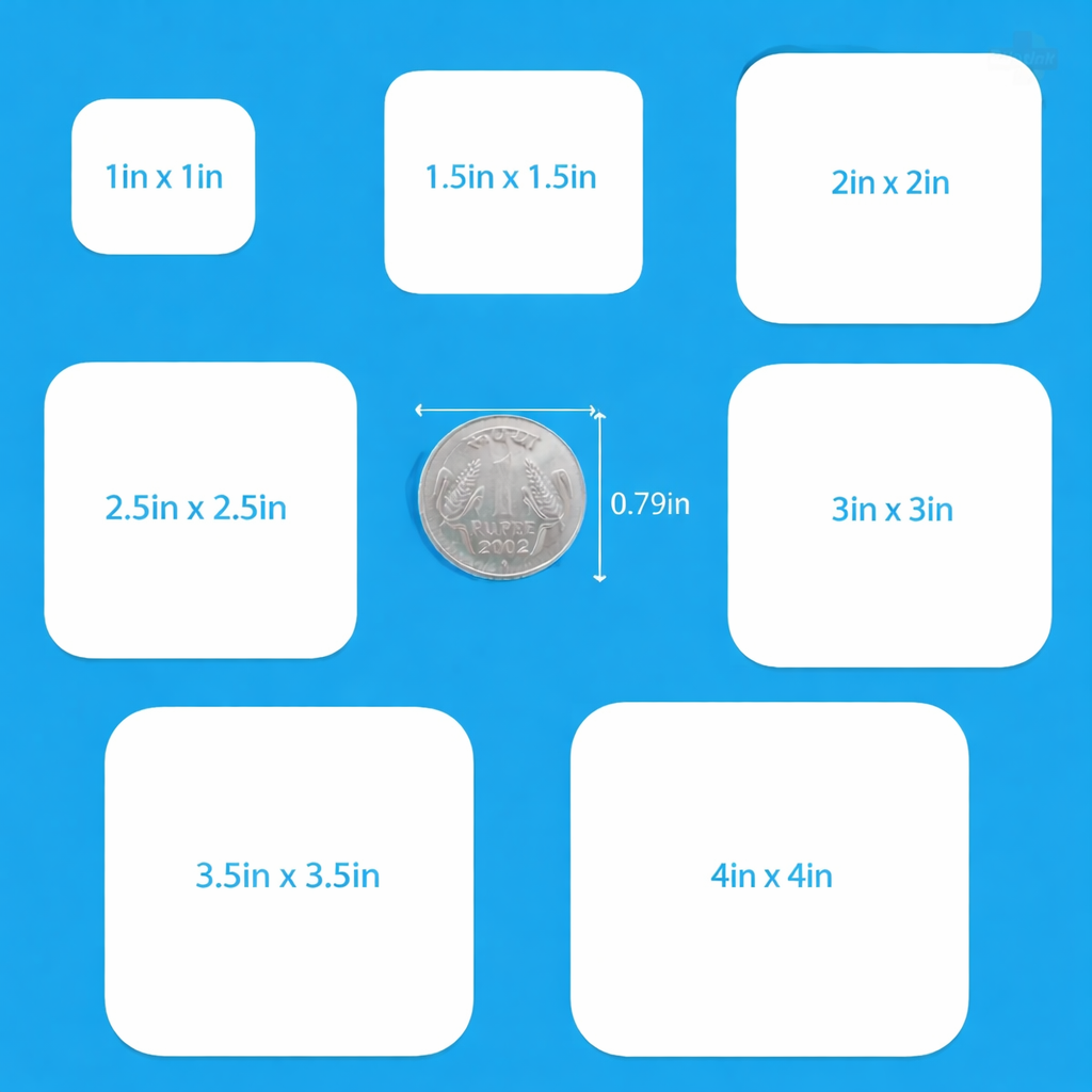 Round edge square sticker size guide showing 1x1, 1.5x1.5, 2x2, 2.5x2.5, 3x3, 3.5x3.5 and 4x4 inch sizes