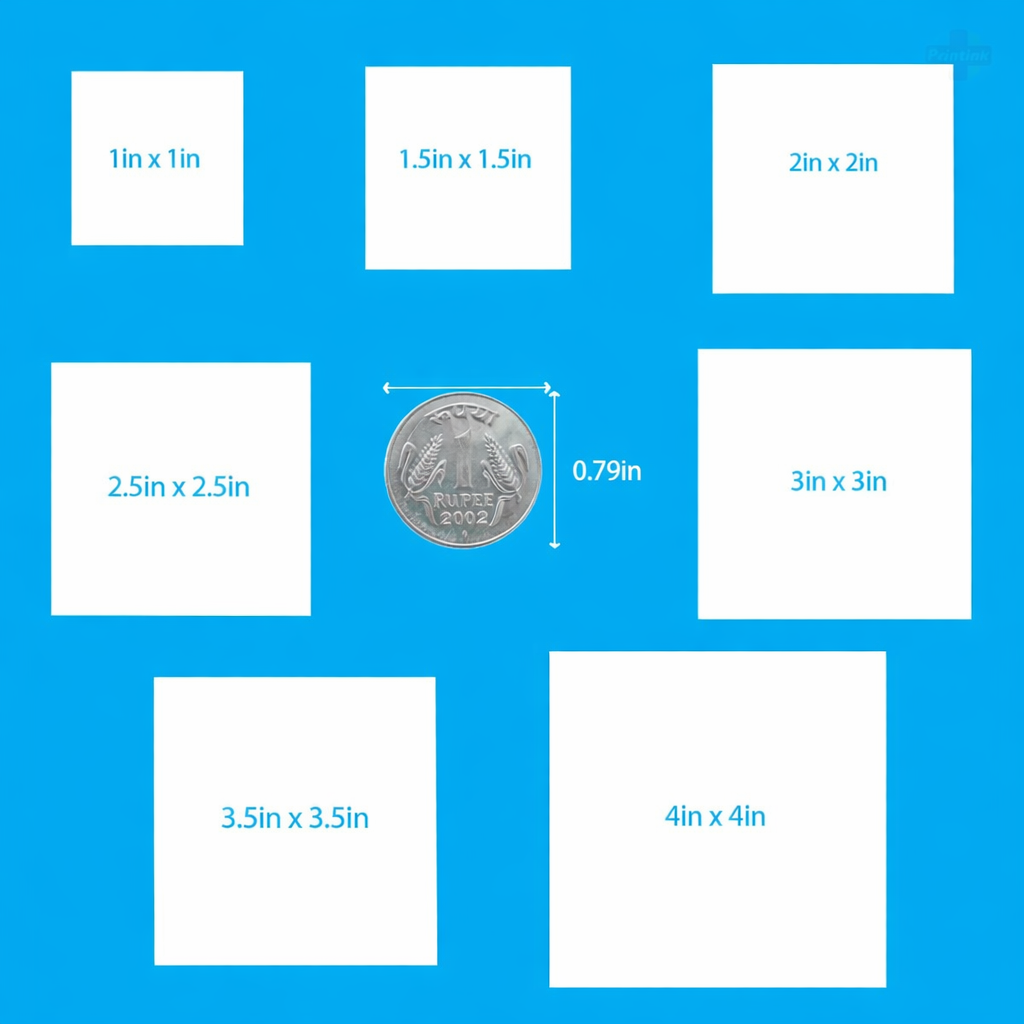 Square sticker size guide showing 1x1, 1.5x1.5, 2x2, 2.5x2.5, 3x3, 3.5x3.5 and 4x4 inch sizes