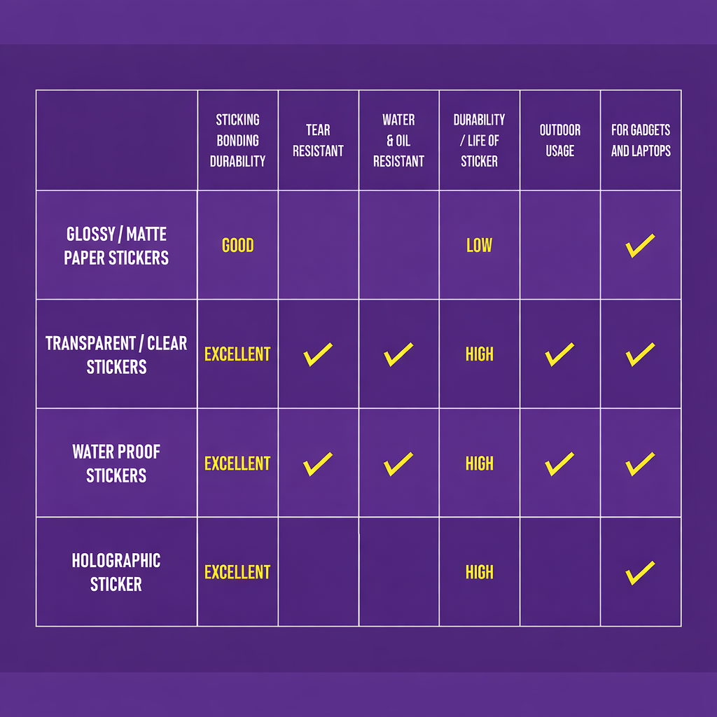 Sticker material comparison chart showing glossy matte, transparent, waterproof and holographic stickers for durability and outdoor use
