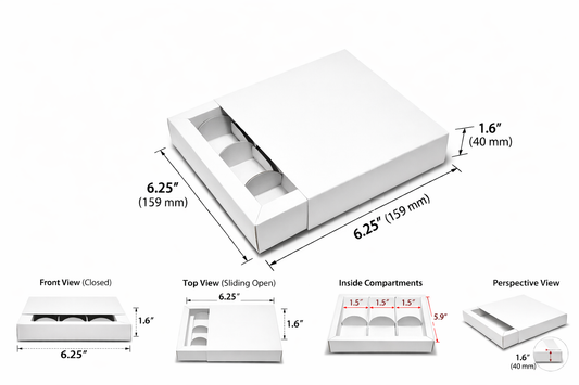 White box packaging with sliding tray and compartments, 6.25 x 6.25 x 1.6 inch dimensions.