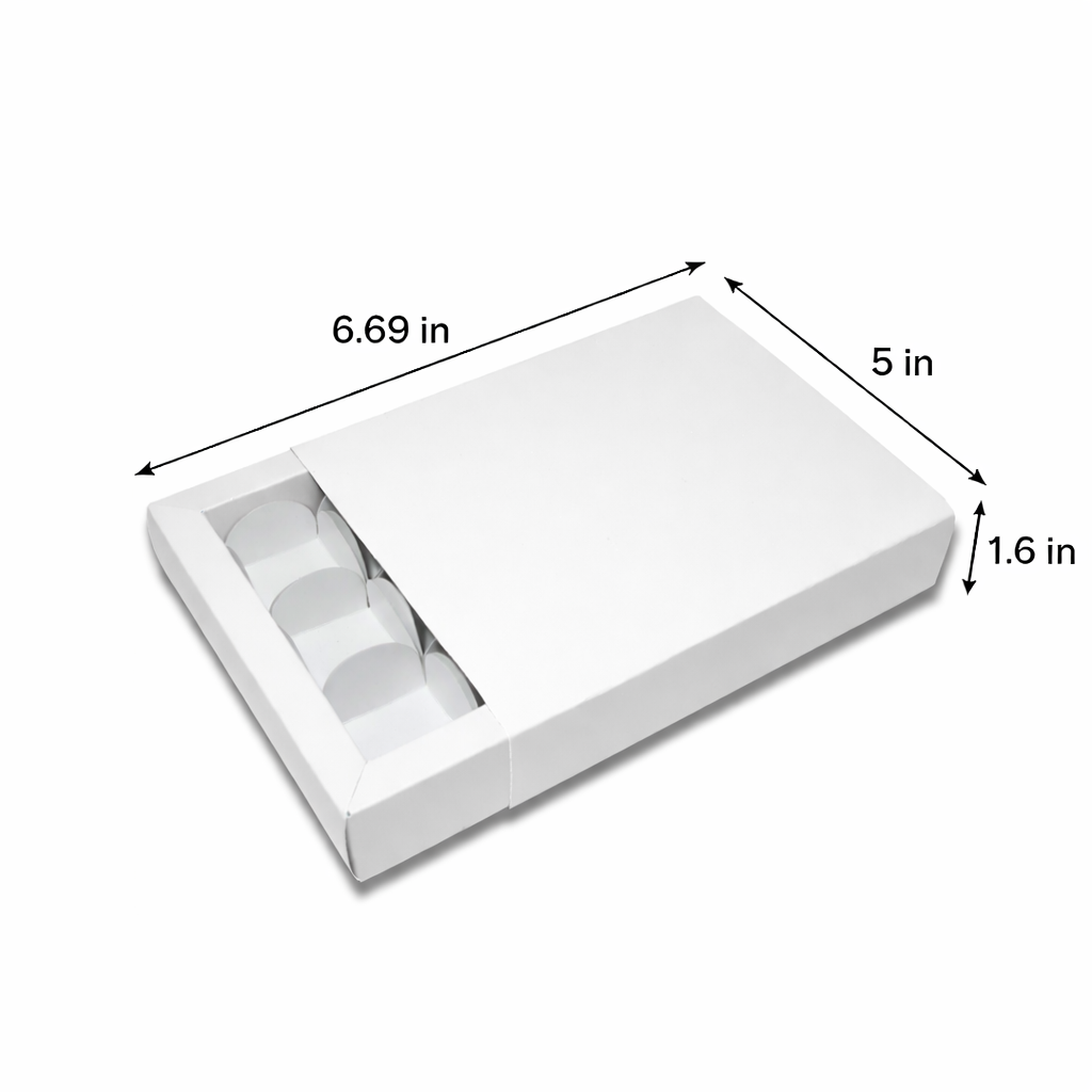 White jewelry box packaging with insert tray and 6.69 x 5 x 1.6 inch dimensions.