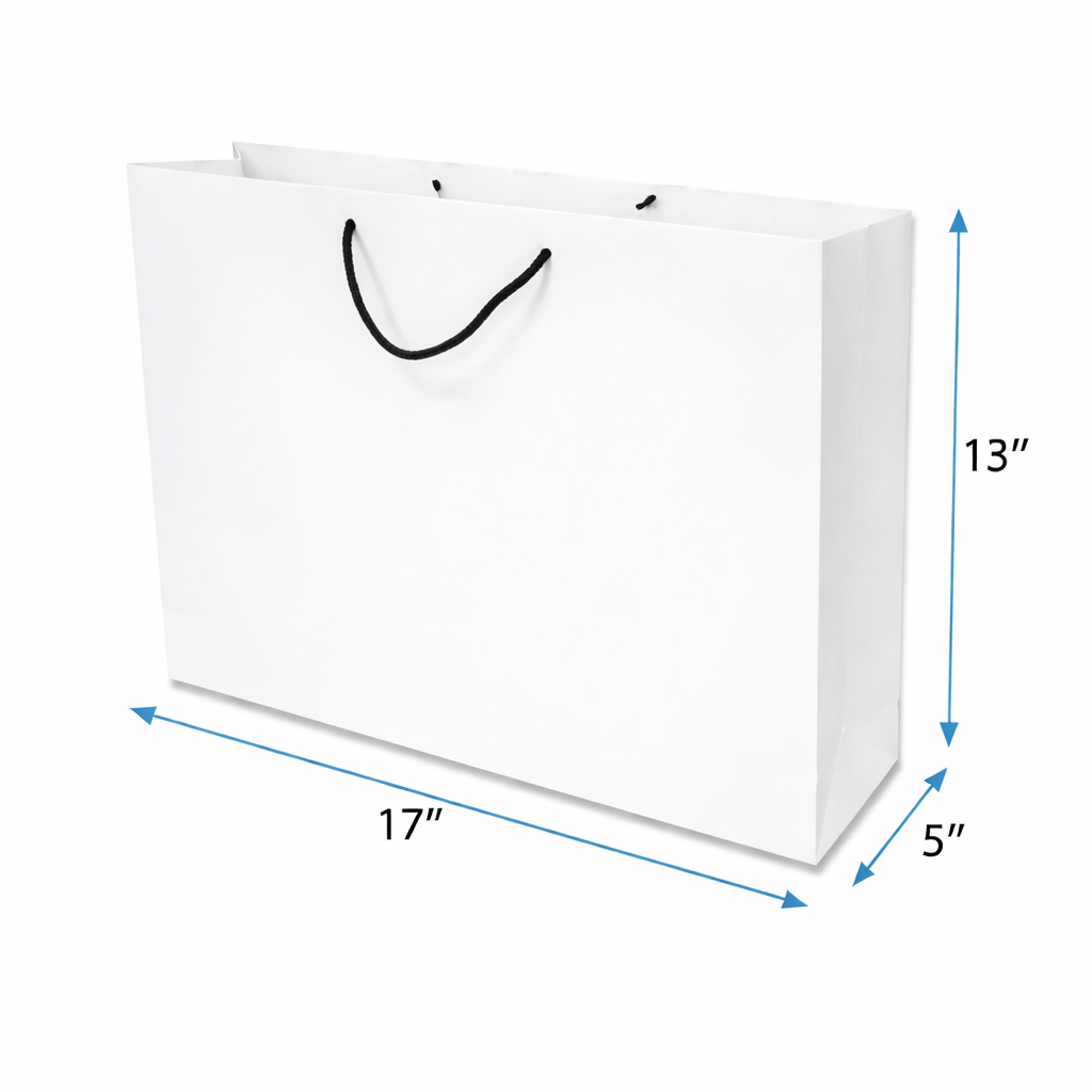 White Paper Bag (17x13x5 Inch) with black rope handles for clothing stores, boutiques, luxury shopping, gift packaging and retail branding.