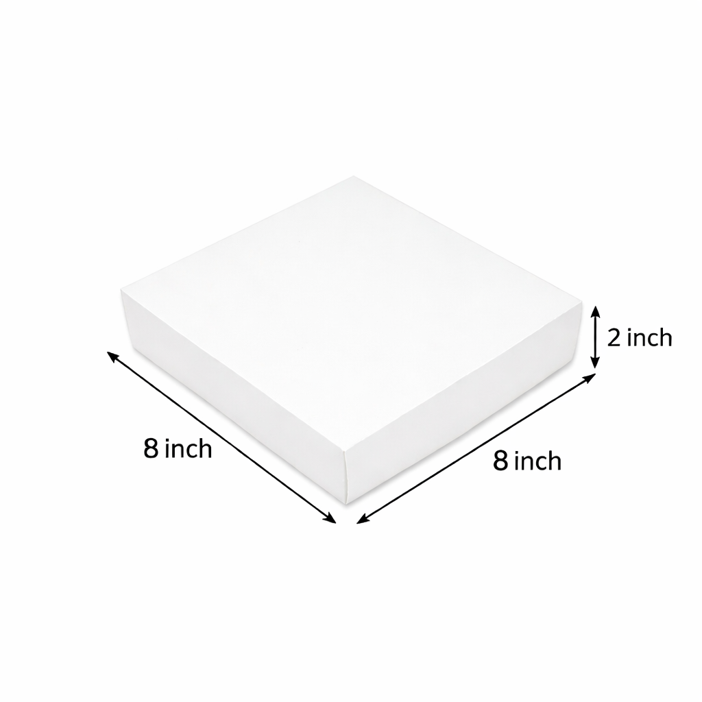White rigid packaging box with 8 x 8 x 2 inch dimensions.