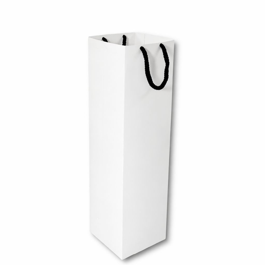 White wine bottle paper gift bag with black rope handles for premium wine and beverage packaging.